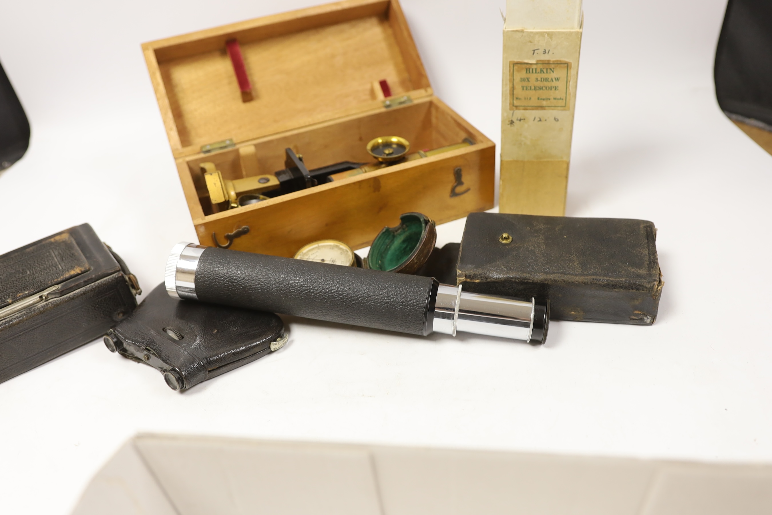 J. Hicks, a pocket barometer, a boxed microscope, a telescope, etc., microscope box 24cm wide x 9cm high (6)